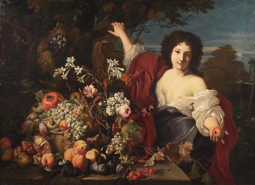 Natura morta di frutta con figura femminile e paesaggio sullo sfondo